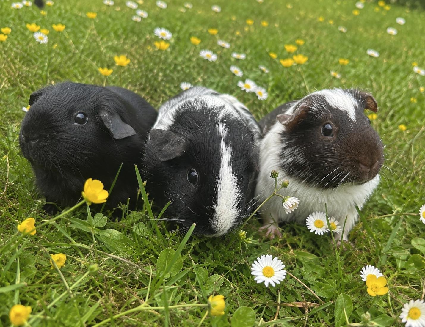 Guinea pigs in the wildflowers at Cosy Cuddle Farm