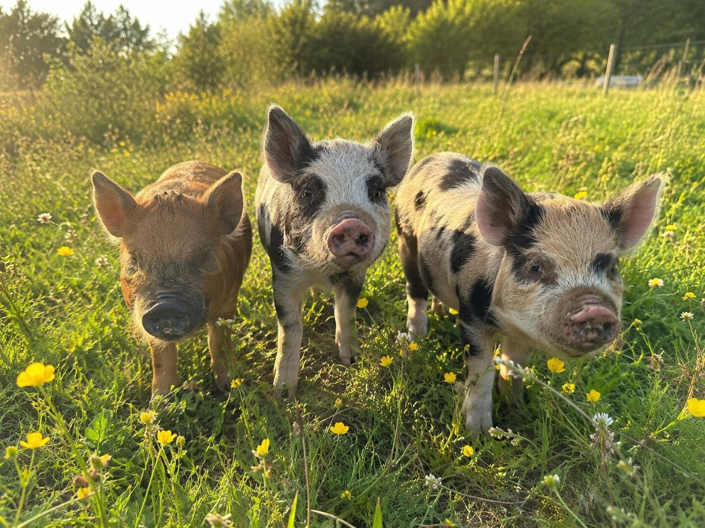 Miniature piglets in the buttercups at Cosy Cuddle Farm